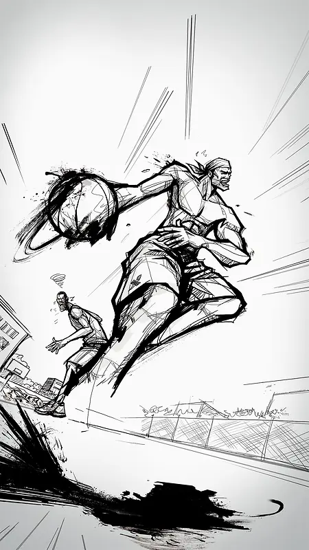 创意手绘黑色街头篮球H5背景素材
