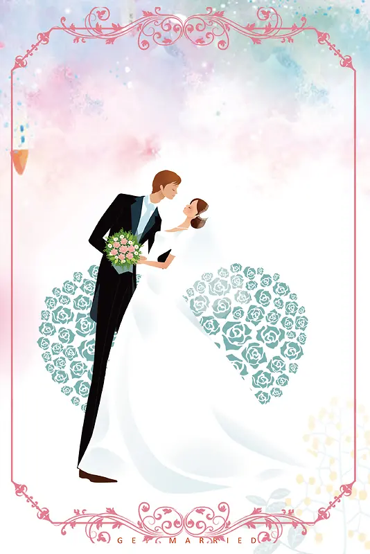 浅粉色手绘 婚礼展架新人边框背景