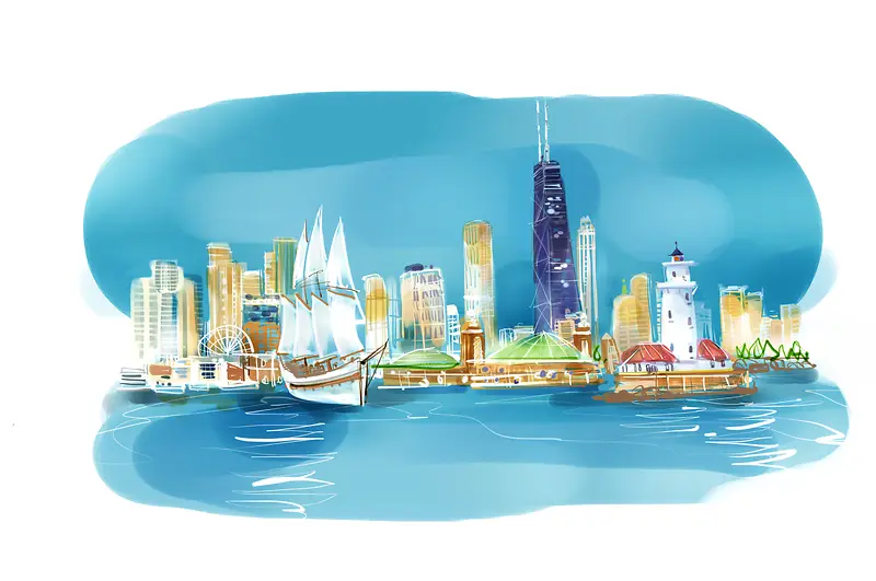 海滨城市  水彩画背景素材