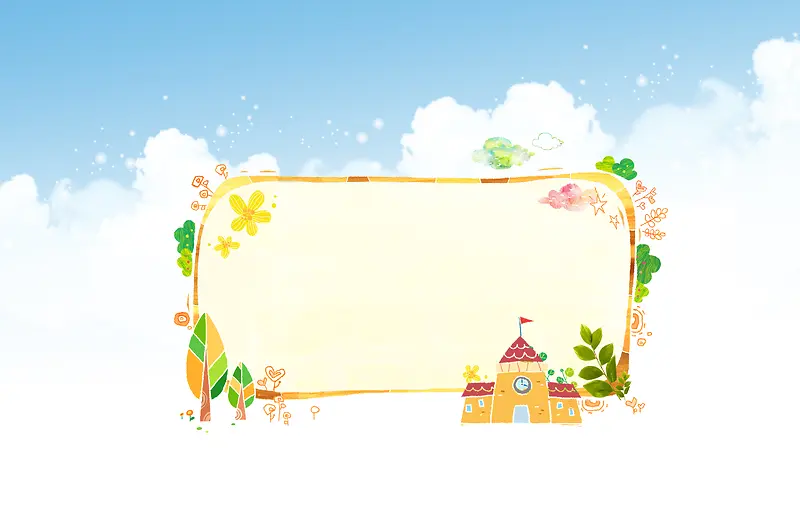 手绘学校树叶花朵相框印刷背景