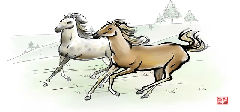 手绘草原上奔跑的两匹马