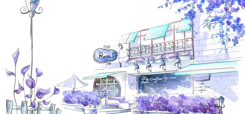 紫色咖啡店手绘插画