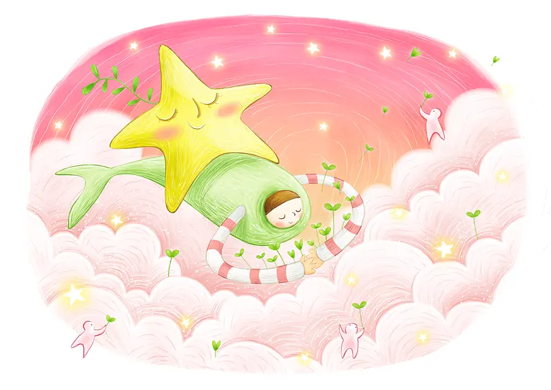 卡通海星坐在鲸鱼睡床上睡觉和