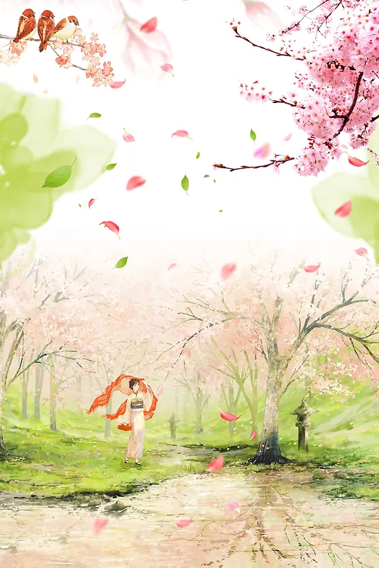 手绘春季樱花节旅游海报
