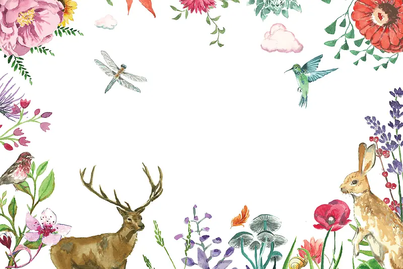 手绘淡雅水彩花卉动物海报背景素材