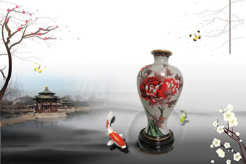中国风亭子水塘瓷器水墨背景素材