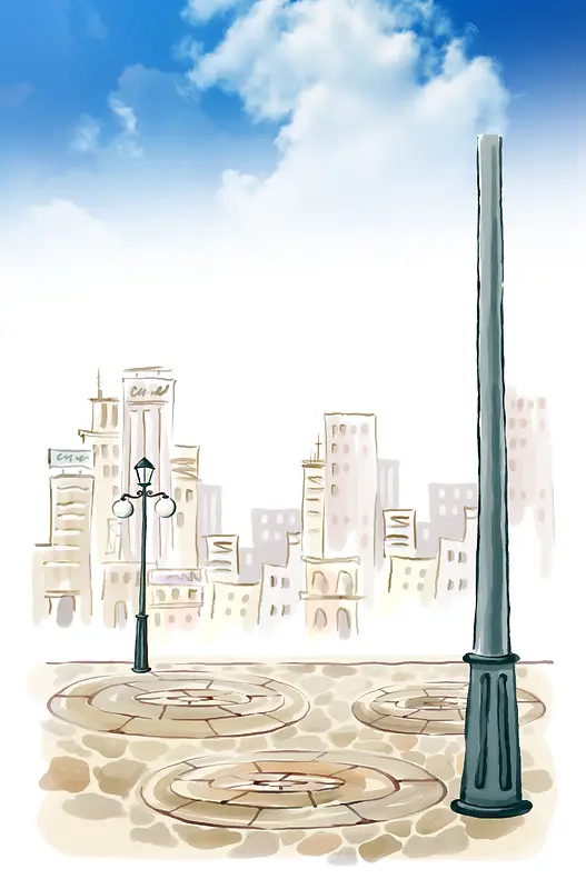 蓝天白云手绘漫画建筑背景素材