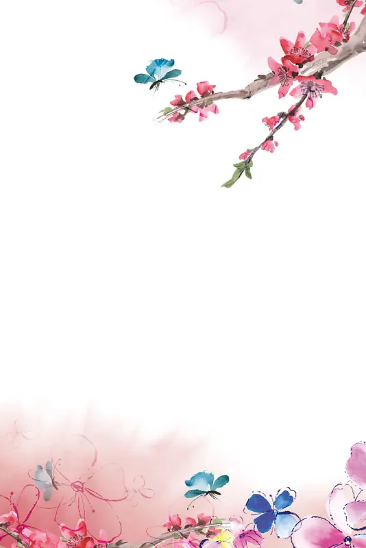 粉色浪漫手绘桃花节花卉蝴蝶水彩背景