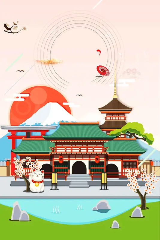 日本名古屋粉色扁平旅游宣传背景