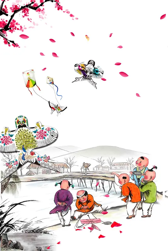 中国风手绘风筝节海报背景模板