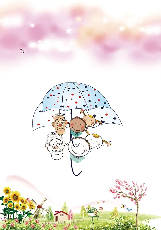 温馨小院中的老人小孩背景素材