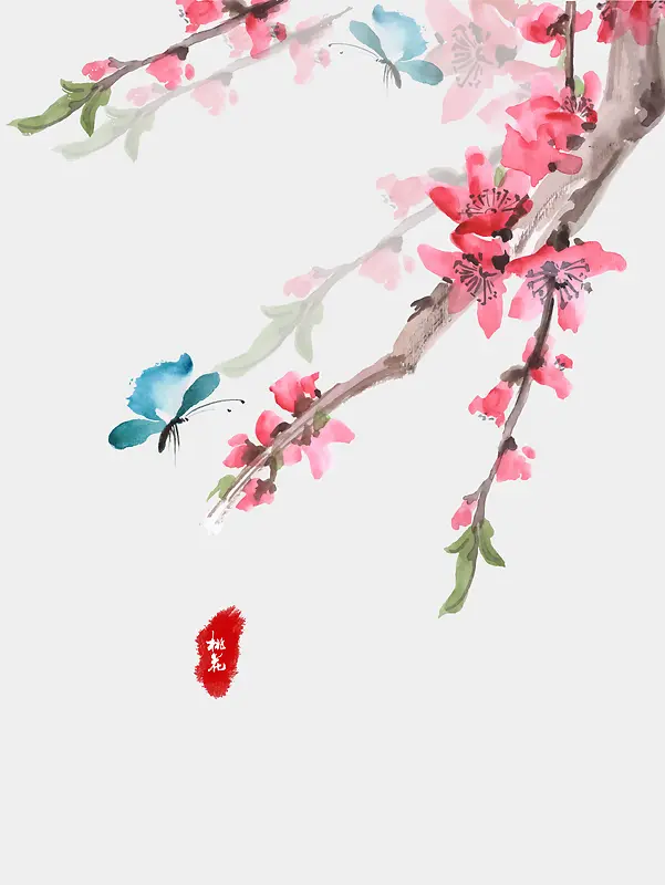 中式水墨插画温馨桃花节背景素材