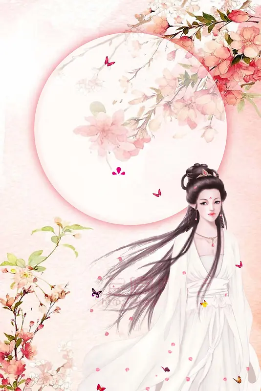 唯美手绘古典美女桃花节海报背景模板