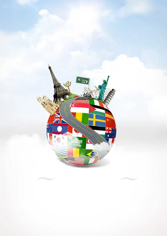天空创意国旗地球双飞环球旅行海报背景素材
