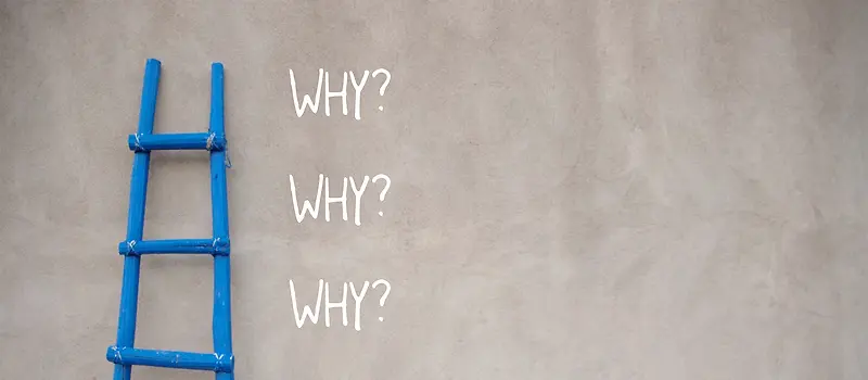 摄影蓝色梯子靠在写有why？的灰色墙上