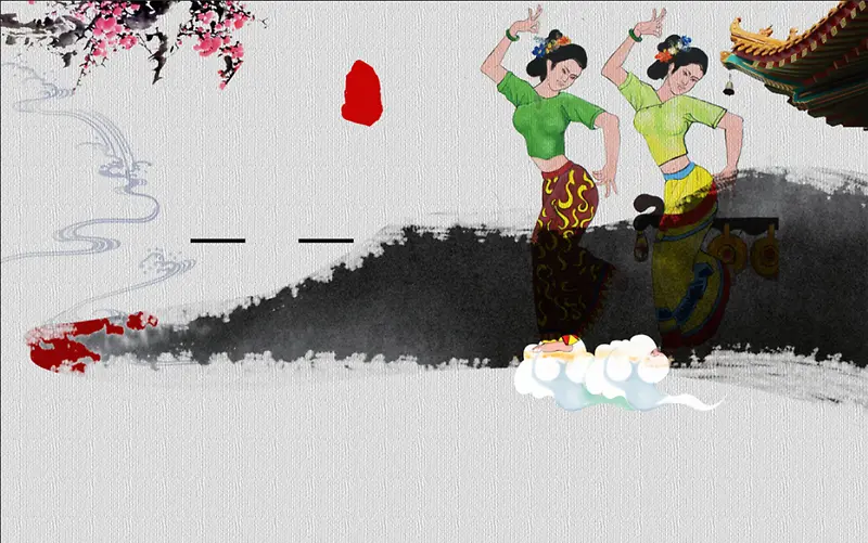 灰色水墨插画民族傣族泼水节背景素材