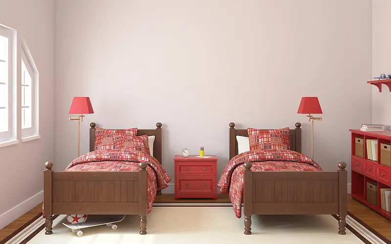 白色简洁双床儿童房装修效果背景素材