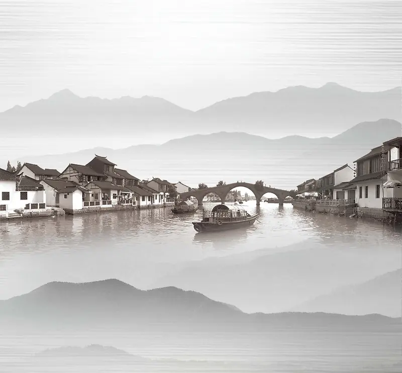 古风河边小镇广告背景