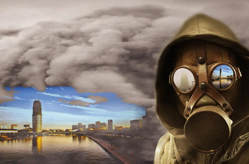 防毒面罩城市建筑雾霾背景雾霾海报背景素材