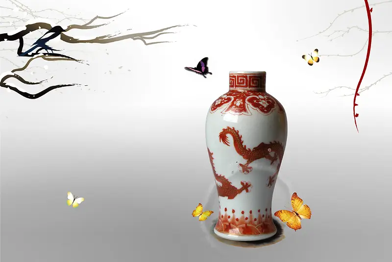 中国风蝴蝶花枝瓷器水墨背景素材