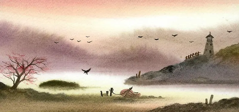 油画秋季河流风景