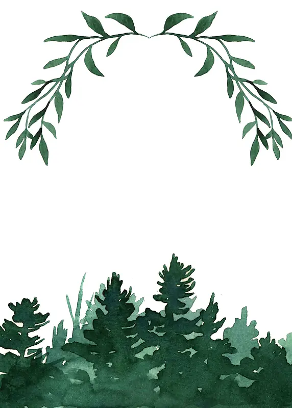 美式手绘水彩森林水墨森林贺卡绿色海报背景