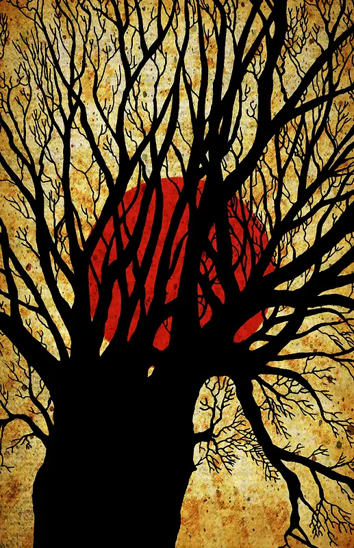 红色太阳黑色树木背景素材