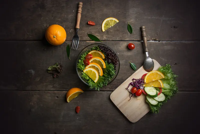 厨房美食蔬菜瓜果水果橙黄瓜刀叉勺子砧板