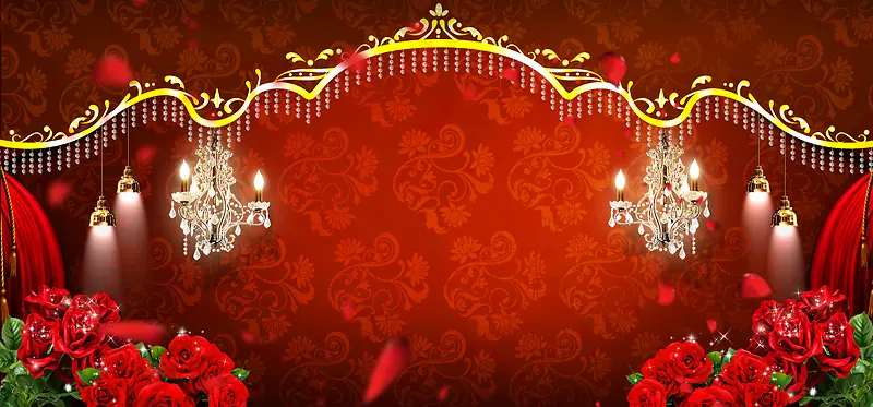淘宝婚礼喜庆红色激情灯光玫瑰花边框海报