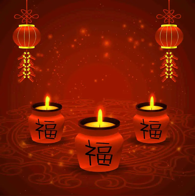 中式春节剪纸喜气过年灯笼福字蜡烛海报背景
