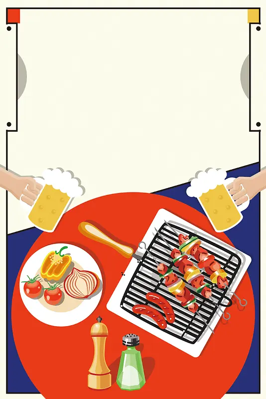 简约时尚美食海报设计烧烤啤酒扁平背景素材