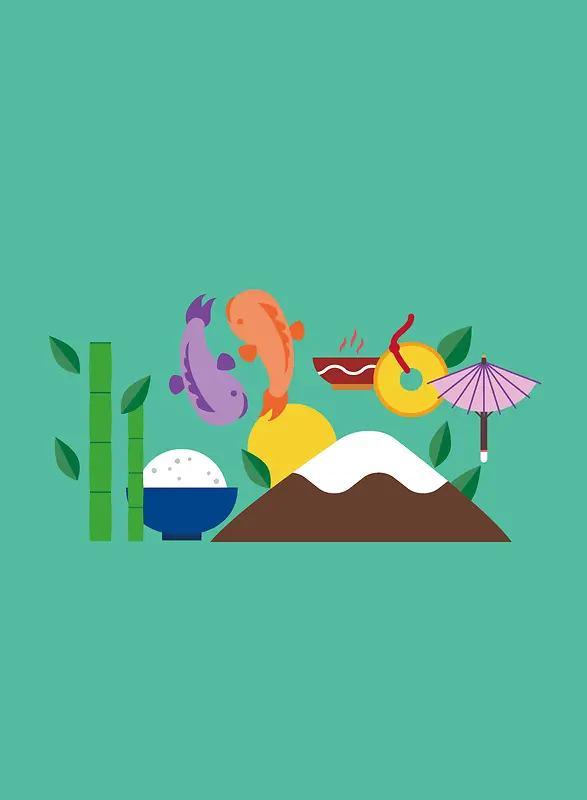 日式鲤鱼火山与竹子绿色背景素材