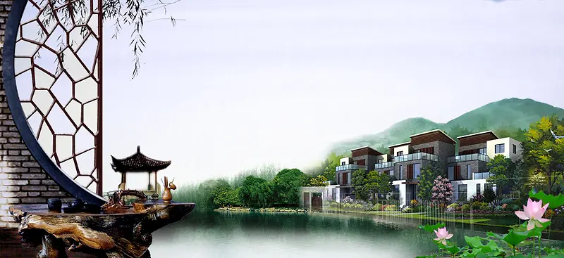 江南高端亭台楼阁木质地产banner