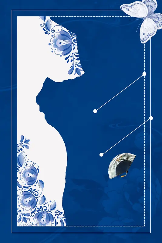 蓝色简约创意青花瓷服装展海报背景素材
