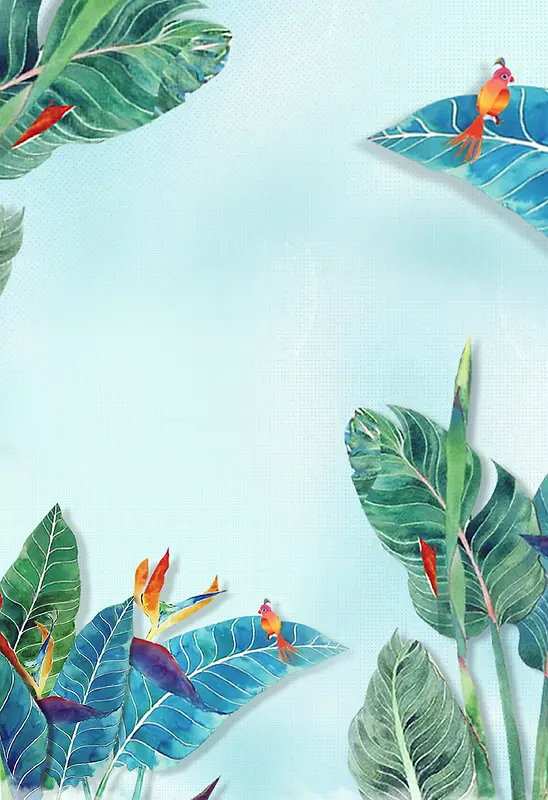 蓝色简约手绘植物彩色树叶设计海报