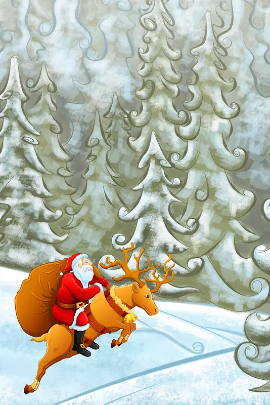 渐变风格冬季户外树林圣诞老人麋鹿温暖主题