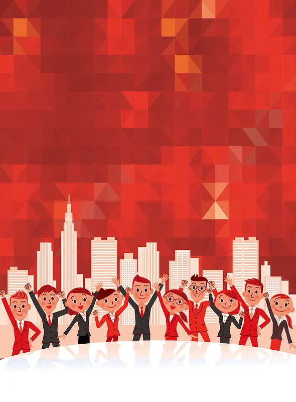 红色喜庆扁平卡通城市几何背景素材