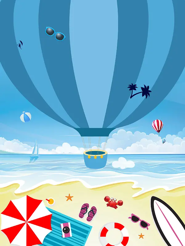 蓝天白云气球风景海滩沙滩扁平背景素材