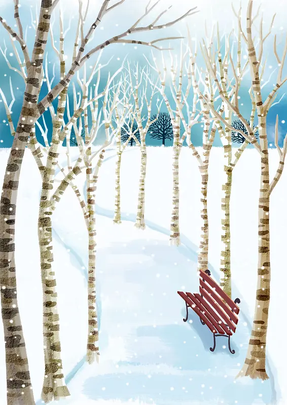 树木长椅雪景图