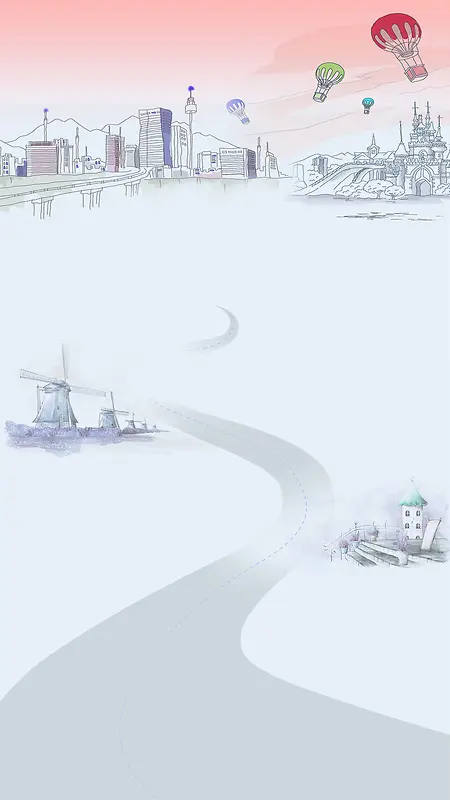 手绘卡通素描热气球城市简约大气H5背景图