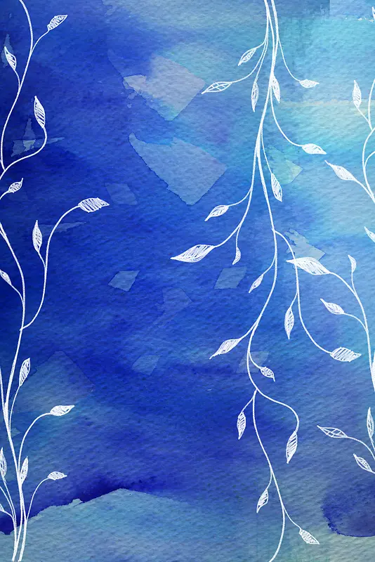 蓝色水彩背景手绘树叶PSD分层素材