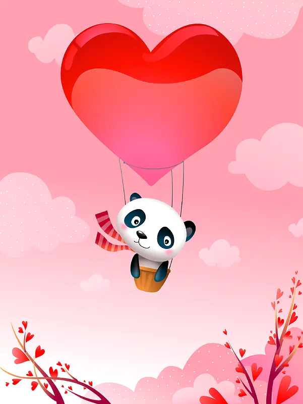 红色喜庆熊猫气球爱心花朵风景背景素材