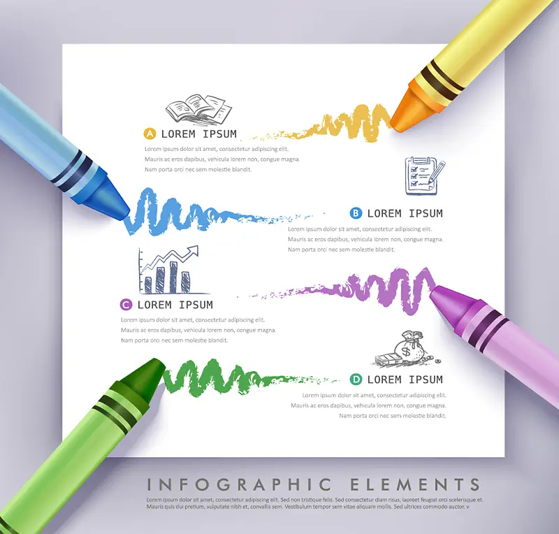 四色蜡笔涂鸦商务信息图矢量图