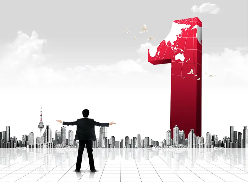 商业人士站在城市背景平台面对巨型数字图片