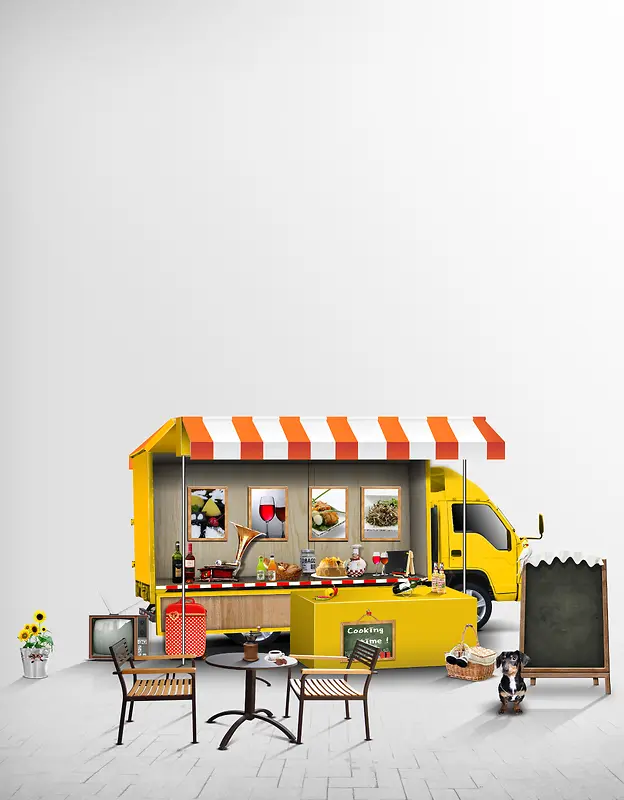 美食快餐车卡通海报背景