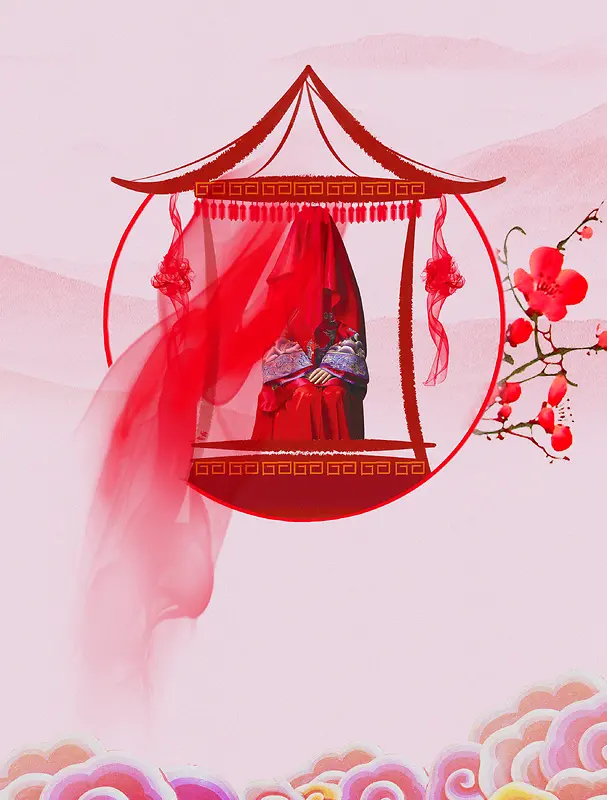 红色浪漫创意结婚新娘盖头花朵背景素材