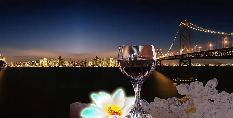 城市夜景高脚杯红酒广告背景素材