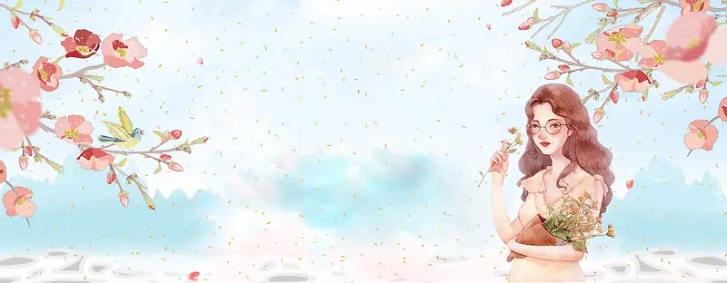 38妇女节手绘花朵白云梦幻蓝banner