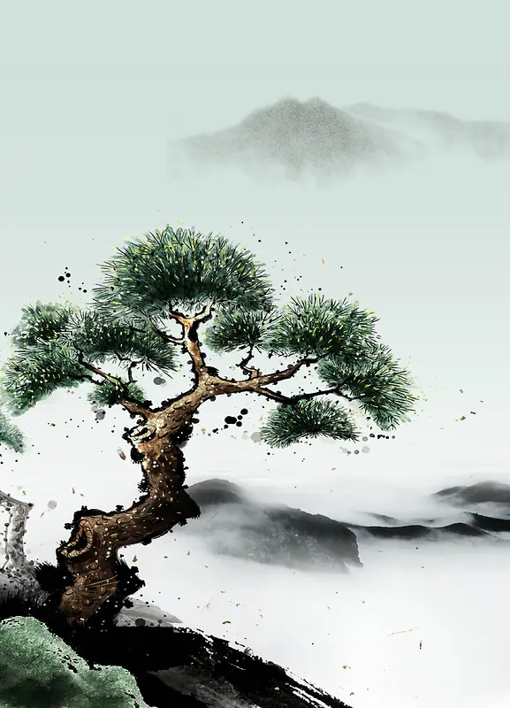 中国风 水墨松树背景元素海报