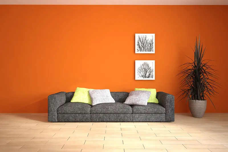 橙色墙壁上的装饰画